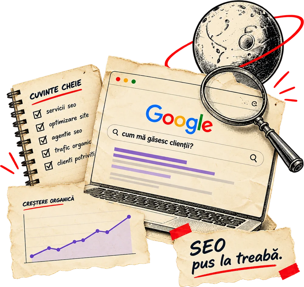 Colaj SEO cu Google, cuvinte-cheie, grafic, lupă și lună cu orbită roșie